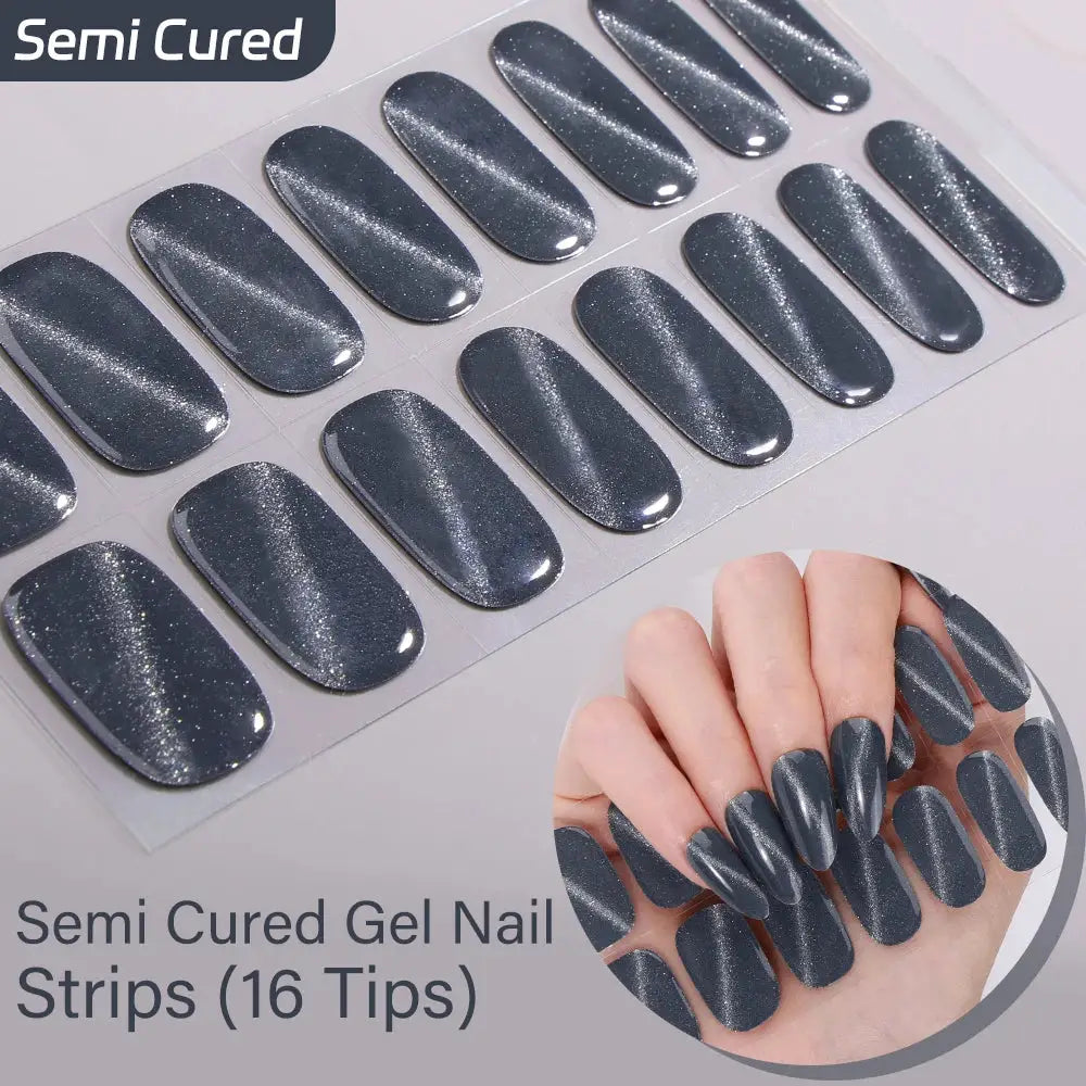 16strips Cartoon UV/LED Semi Cured Gel Nail Strips Pink Glitter Cat Eye Self-Adhesive Gel Nail Wraps Full Cover UV Nail Sticker from PriceLows™