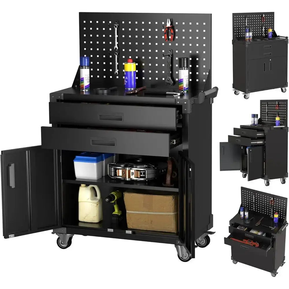 Heavy-Duty Metal Tool Cart with Wheels, 2 Drawers, Lockable Cabinet, and Pegboard Hooks for Garage/Workshop Storage from PriceLows™