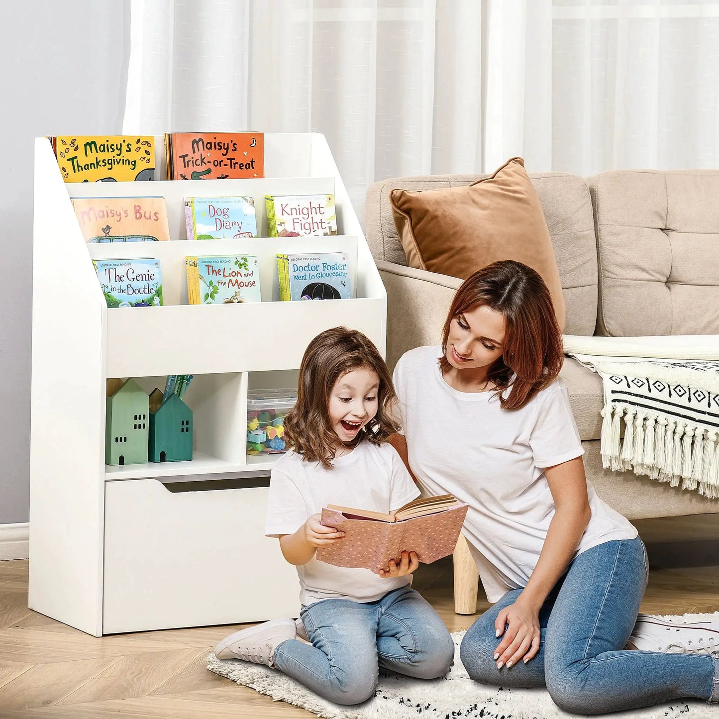 Kids Storage Bookcase Stand w/ Display Shelves & Drawer for Toys & Books, White from PriceLows™