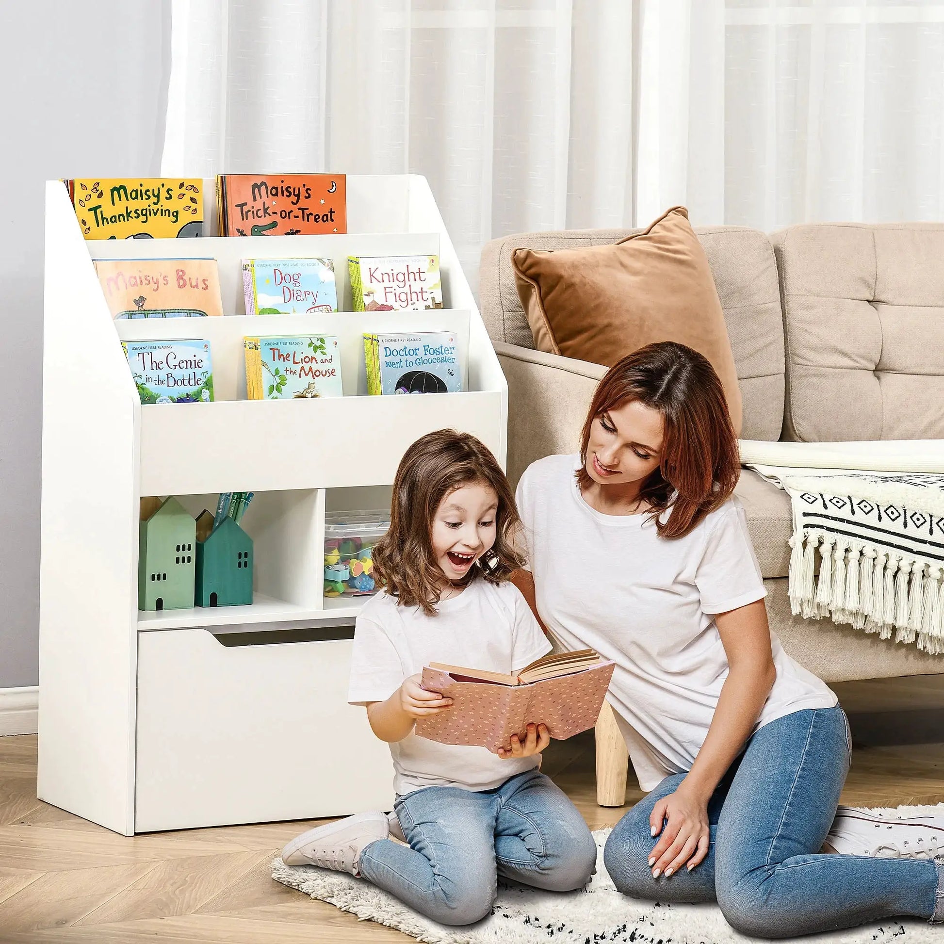 Kids Storage Bookcase Stand w/ Display Shelves & Drawer for Toys & Books, White from PriceLows™