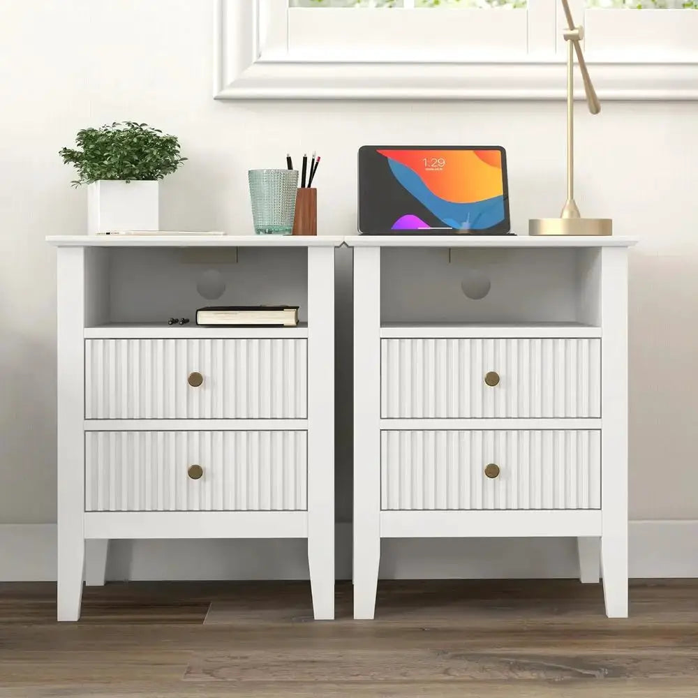 Dual Drawer White Nightstand Set with Charging Station and Storage Shelf for Bedroom from PriceLows™