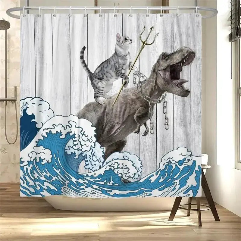 Funny Cat Riding Dinosaur Shower Curtains Cute Animal Sea Waves Surfboard Creative Kids Bath Curtain Set Fabric Bathroom Decor from PriceLows™