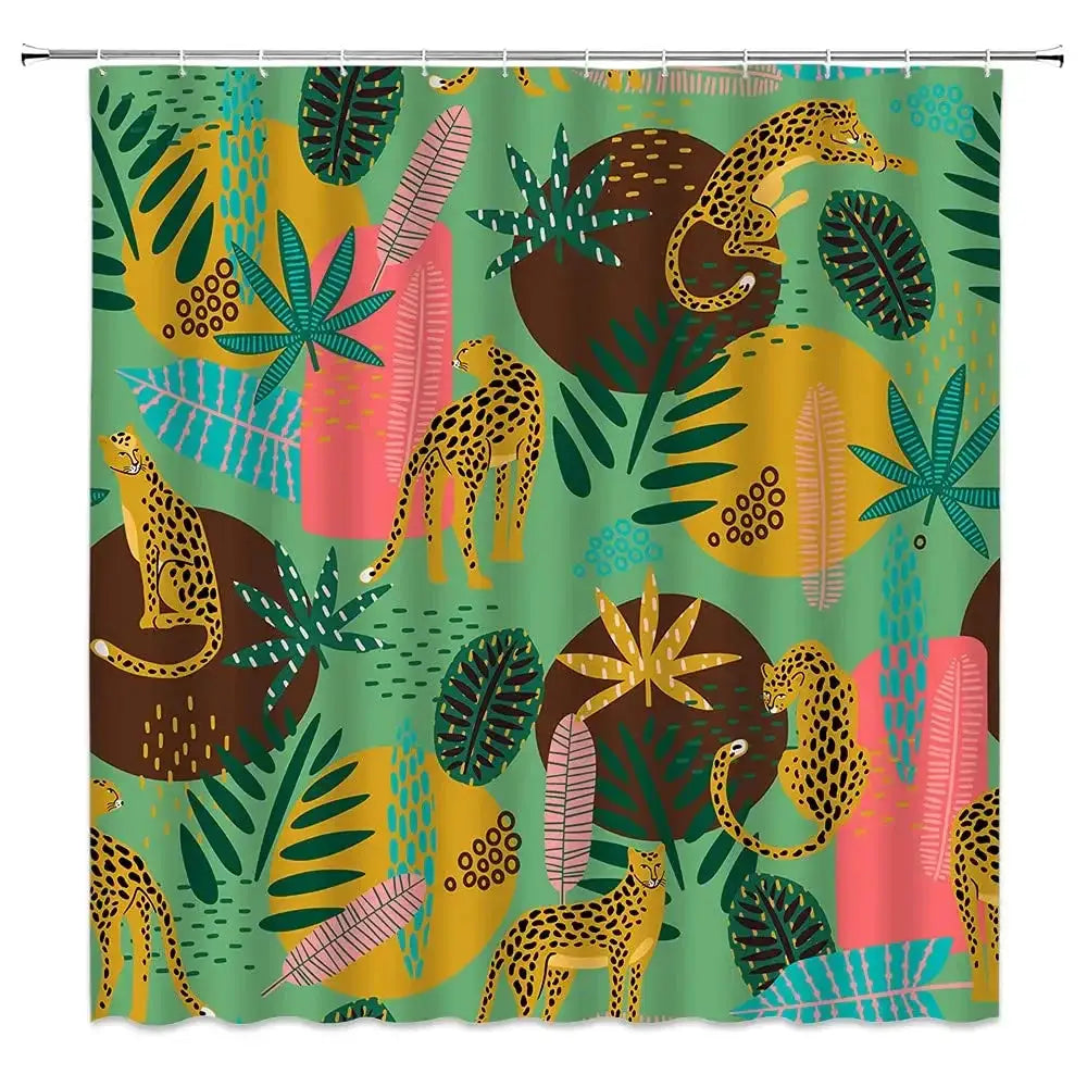 Boho Cheetah Shower Curtain,Tropical Leopard Wildlife Bath Curtain,Modern Pink Aesthetic Moon Phase Blue Floral Bathroom Curtain from PriceLows™