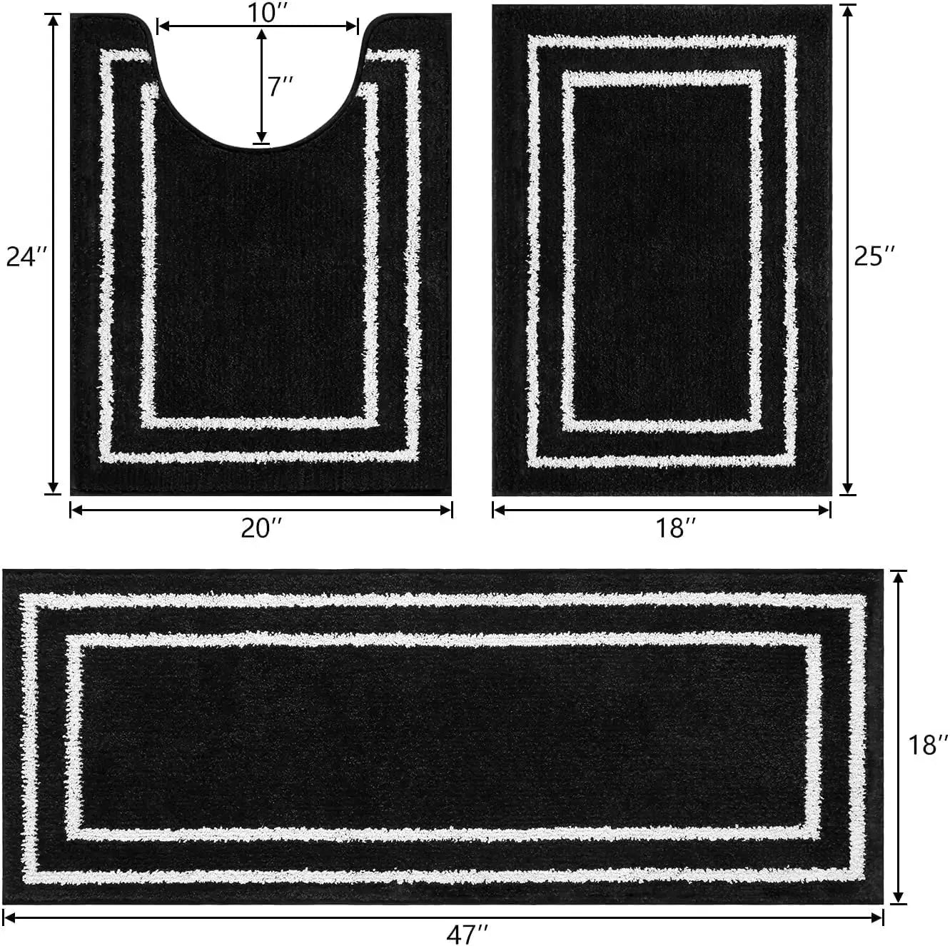3-Piece Black Bathroom Mat Set, Non-Slip, Machine Washable, Soft Shaggy Microfiber Absorbent Bath Mat Set with U Shaped from PriceLows™