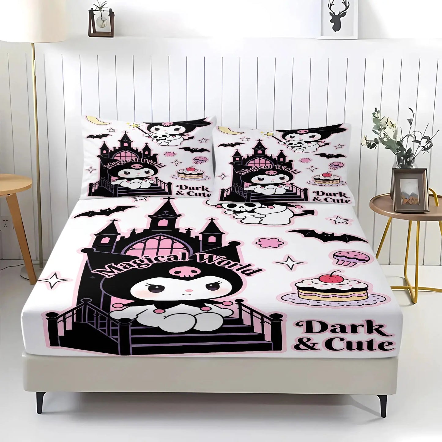 Sanrio Kuromi Magical Castle Fitted Sheet Set Cute Dark Anime Bed Sheet Pillowcases Girl Bedroom Soft Cartoon Mattress Protector from PriceLows™