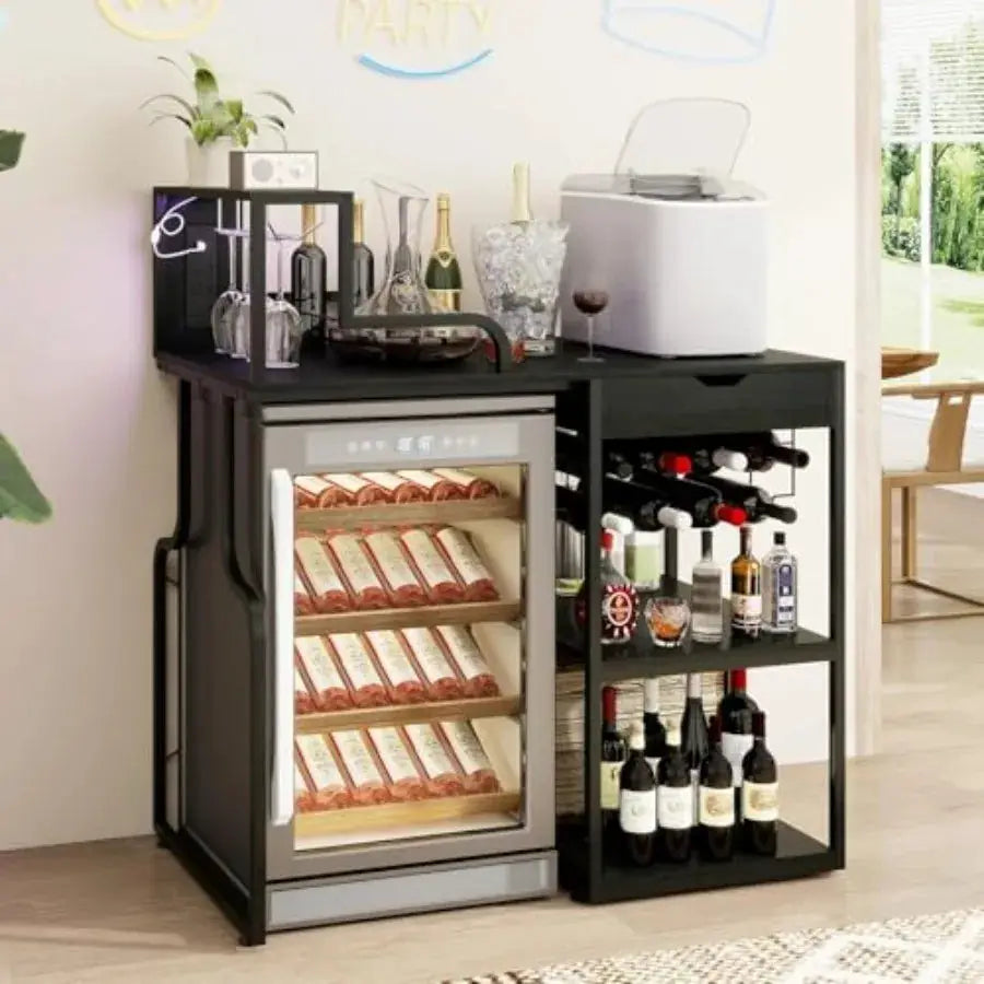 Wine Bar Cabinet with Mini Fridge Space and Pull-Out Drawer for Dorm Living Room Kitchen, Black Metal Wood, LED Light, Whiskey from PriceLows™
