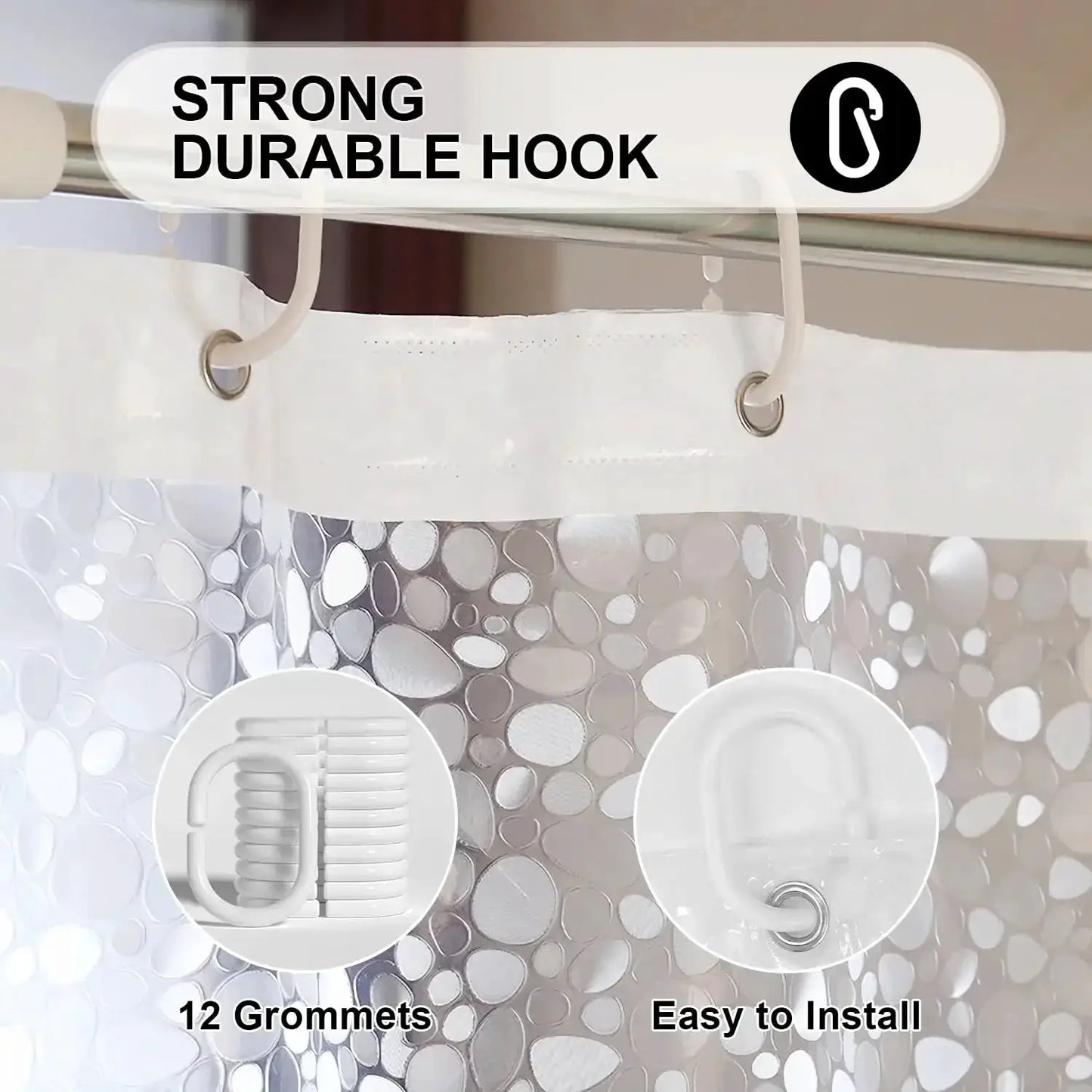3D Pebble Clear Shower Curtain Liner with Magnets & Hooks, Fashion Plastic Bathroom Curtain for Bathtubs Bath Decor from PriceLows™
