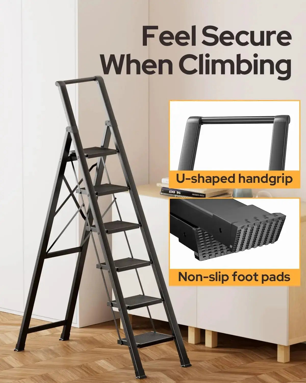 6 Step Ladder for 12 Ft Ceilings, Lightweight Aluminum Folding Stool with Handgrip, Anti-Slip Wide Pedal, Space Saving - Black from PriceLows™