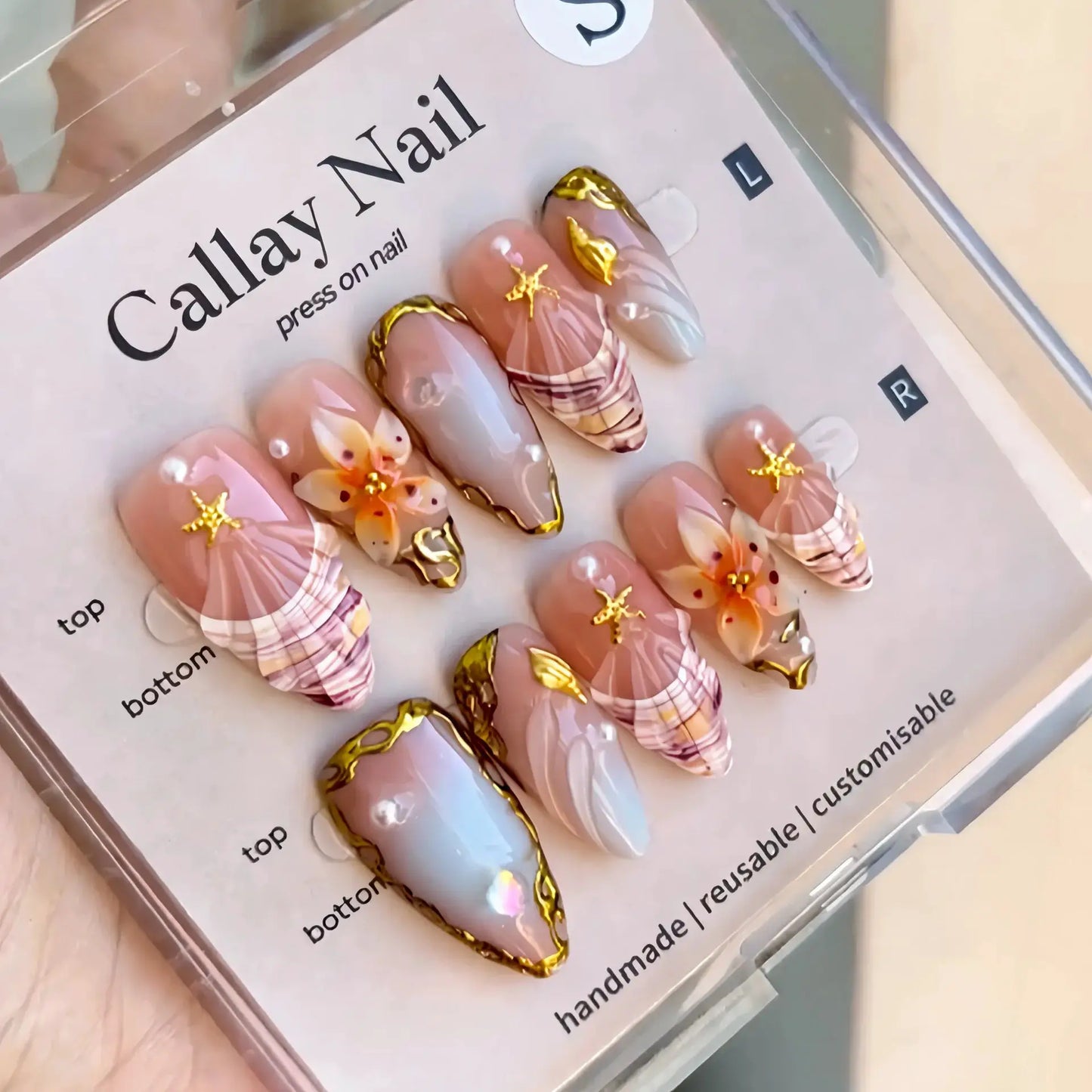 Press On Nails | 3D Seashell Design | Almond Shape | 24 Piece Set