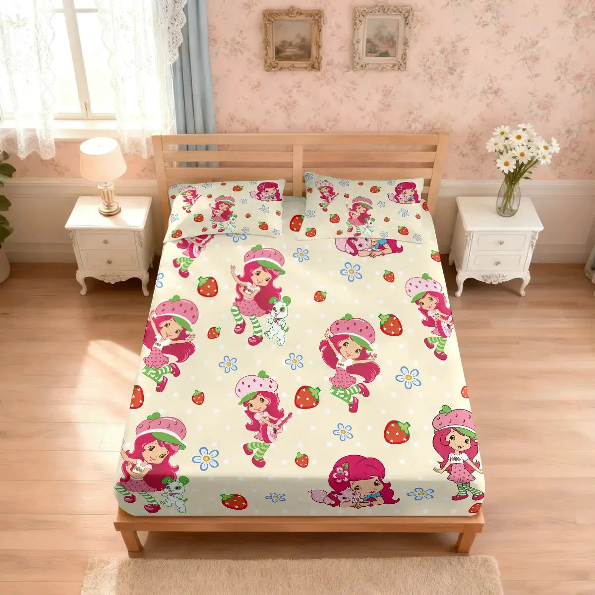 3pcs Pink Strawberry Girl Coreless Bed Sheet Set, Multi Size Bed Cover, Bedroom Bedding Decoration, Machine Washable from PriceLows™