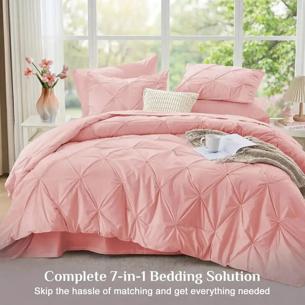 7-Piece Queen Comforter Set - All Season Pintuck Bedding with Sheet, Pillowcases, and Shams in Pink from PriceLows™