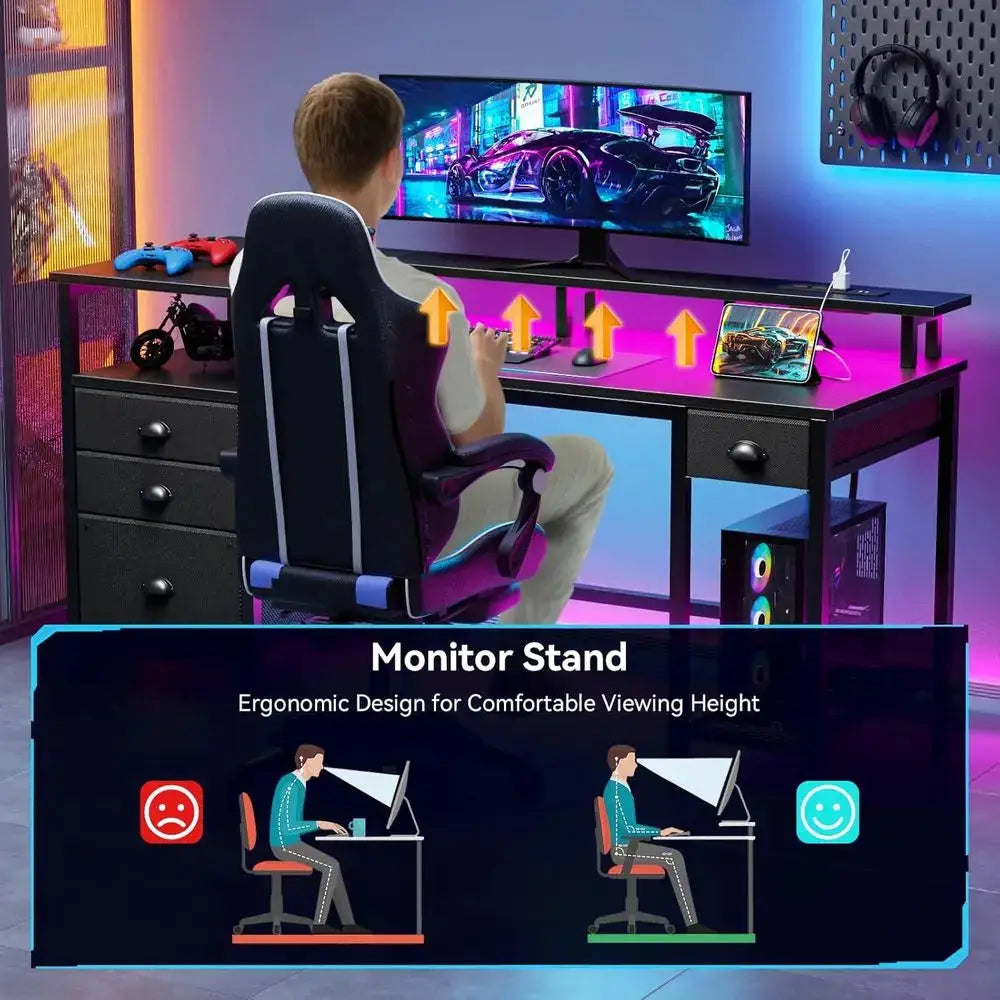 60" Black Computer Desk with 4 Drawers and Printer Space, Gaming Desk with LED Lights and USB Power Outlets, Home Office Desk wi from PriceLows™