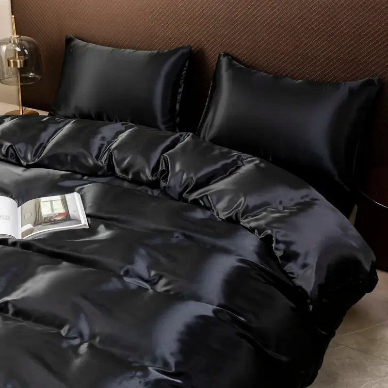 Ice Silk Duvet Cover Set | Solid Black | 80Gsm Light | Multiple Sizes