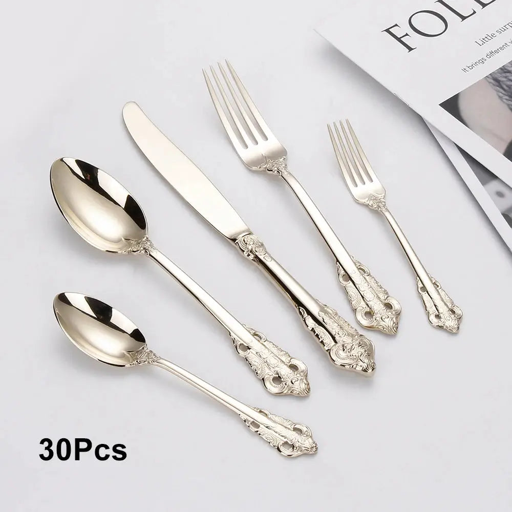 30 Pieces Gold Plated Luxury Cutlery Set Stainless Steel Vintage Western Tableware Sliver Knife Spoon Fork Set Kitchen Utensils from PriceLows™
