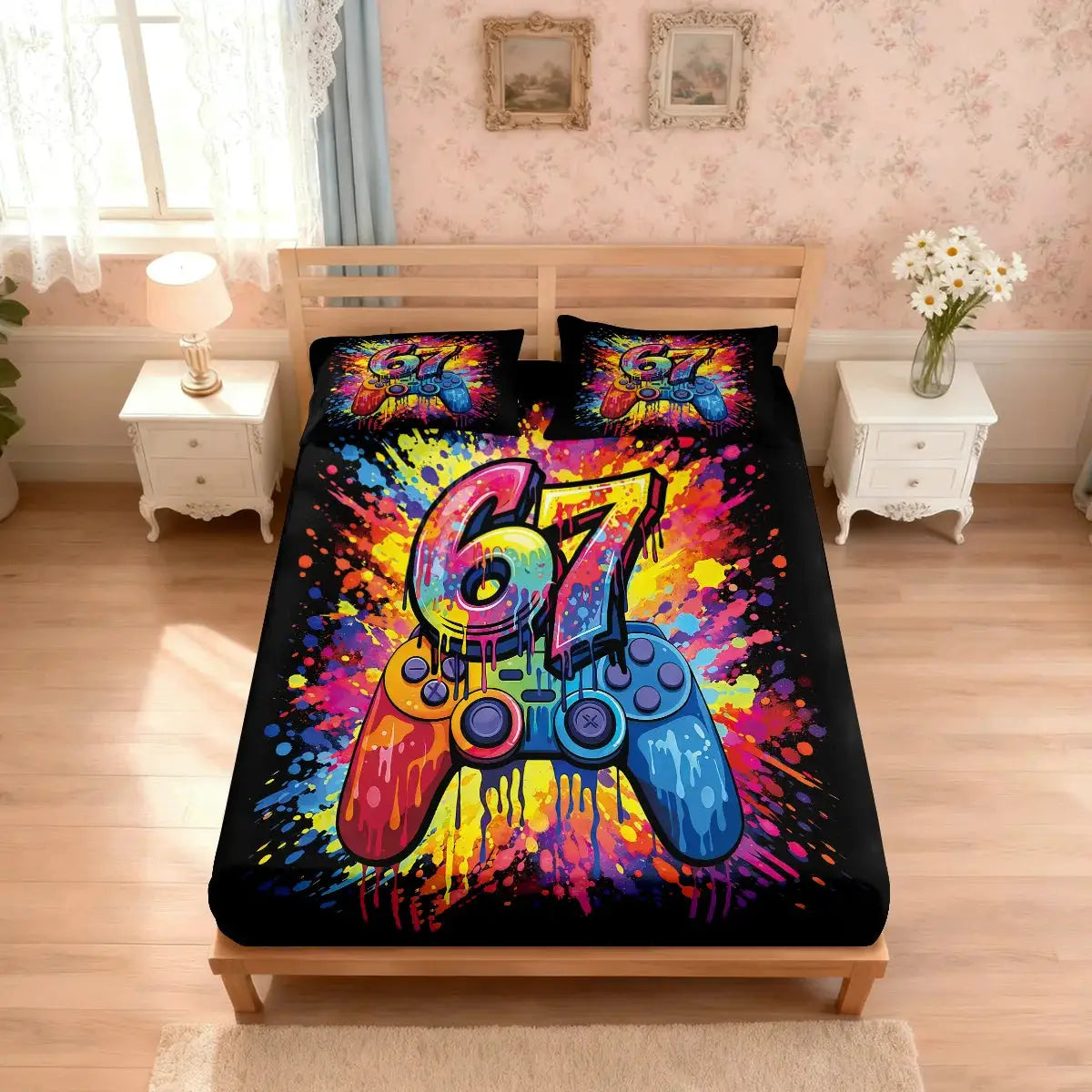 3pcs 67 Game Controller Graffiti Style Print Coreless Bed Sheet Set Multi Size Bed Cover Bedding Decoration Machine Washable from PriceLows™