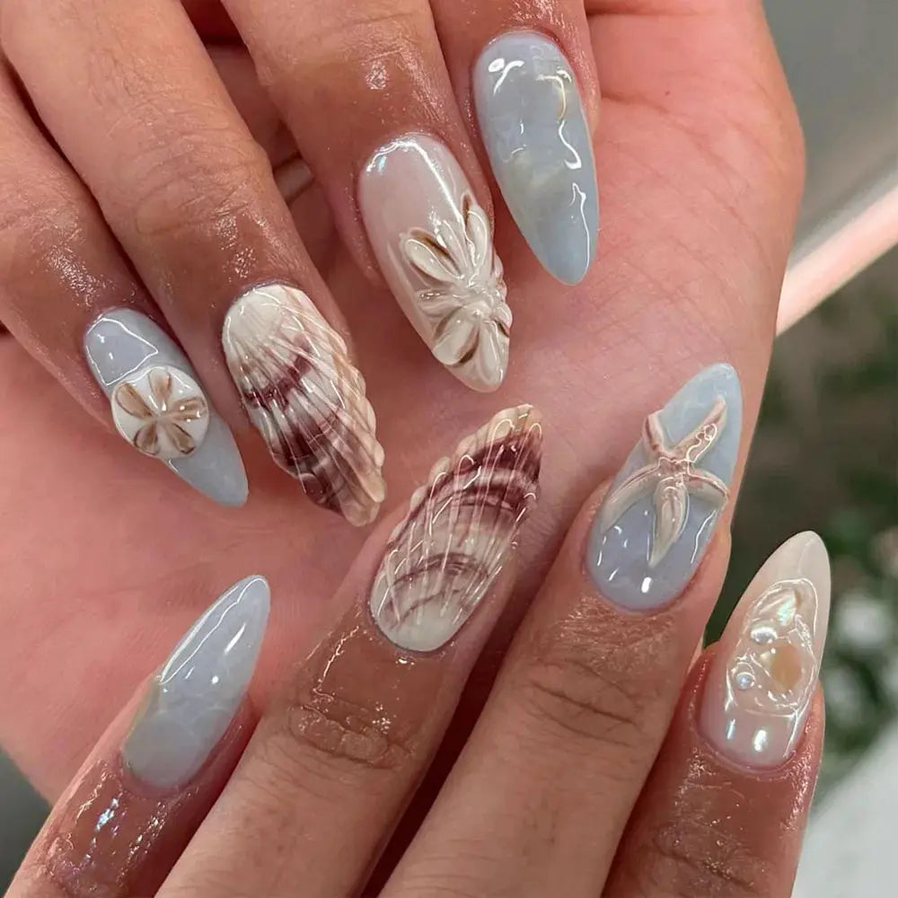 Almond Press On Nails | Acrylic Finish | Pearl Flower Design | 24 Piece Set