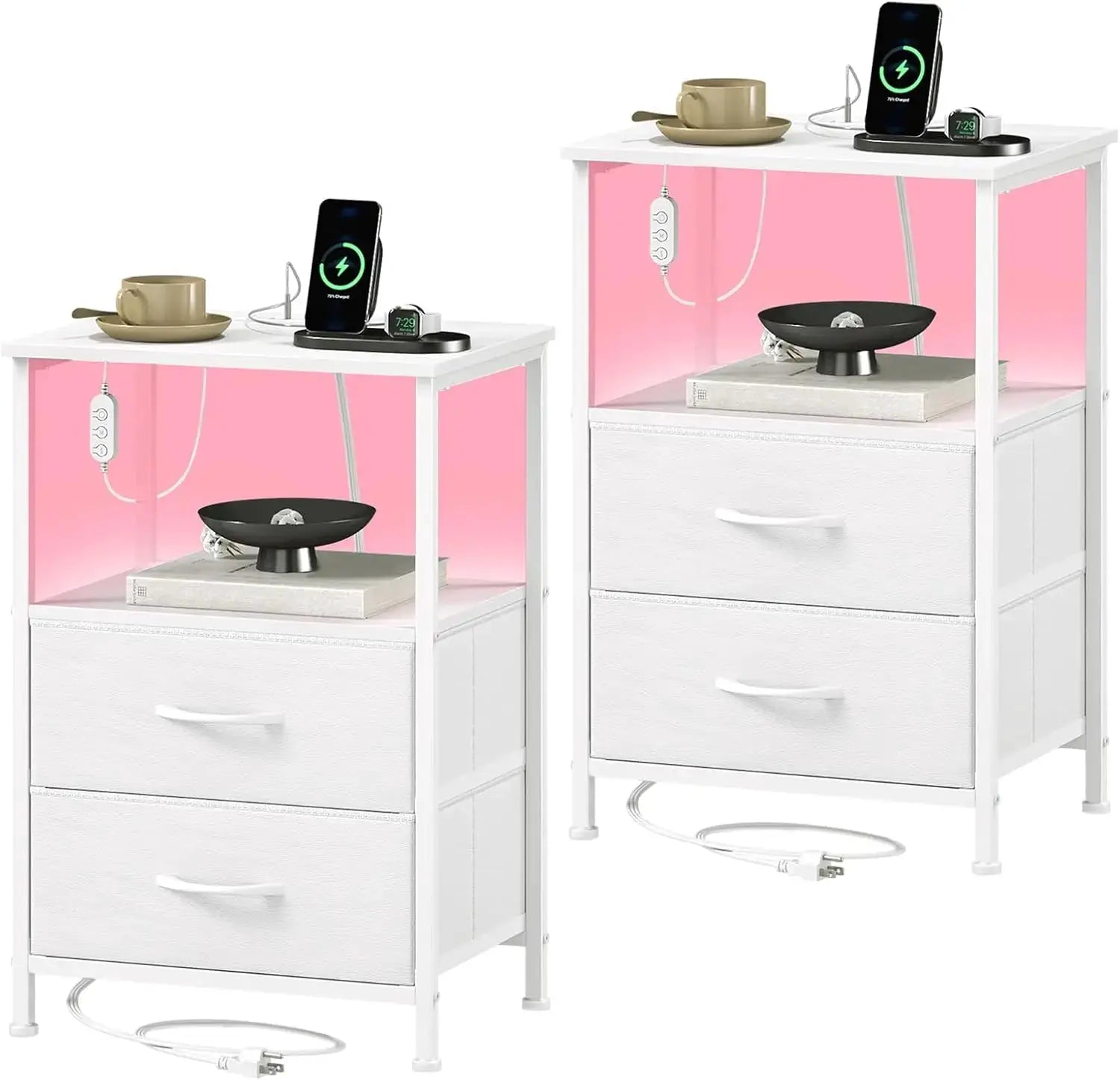 Set of 2 Nightstands with Charging Station, LED Lights, and Fabric Drawers for Bedroom in White Leather from PriceLows™
