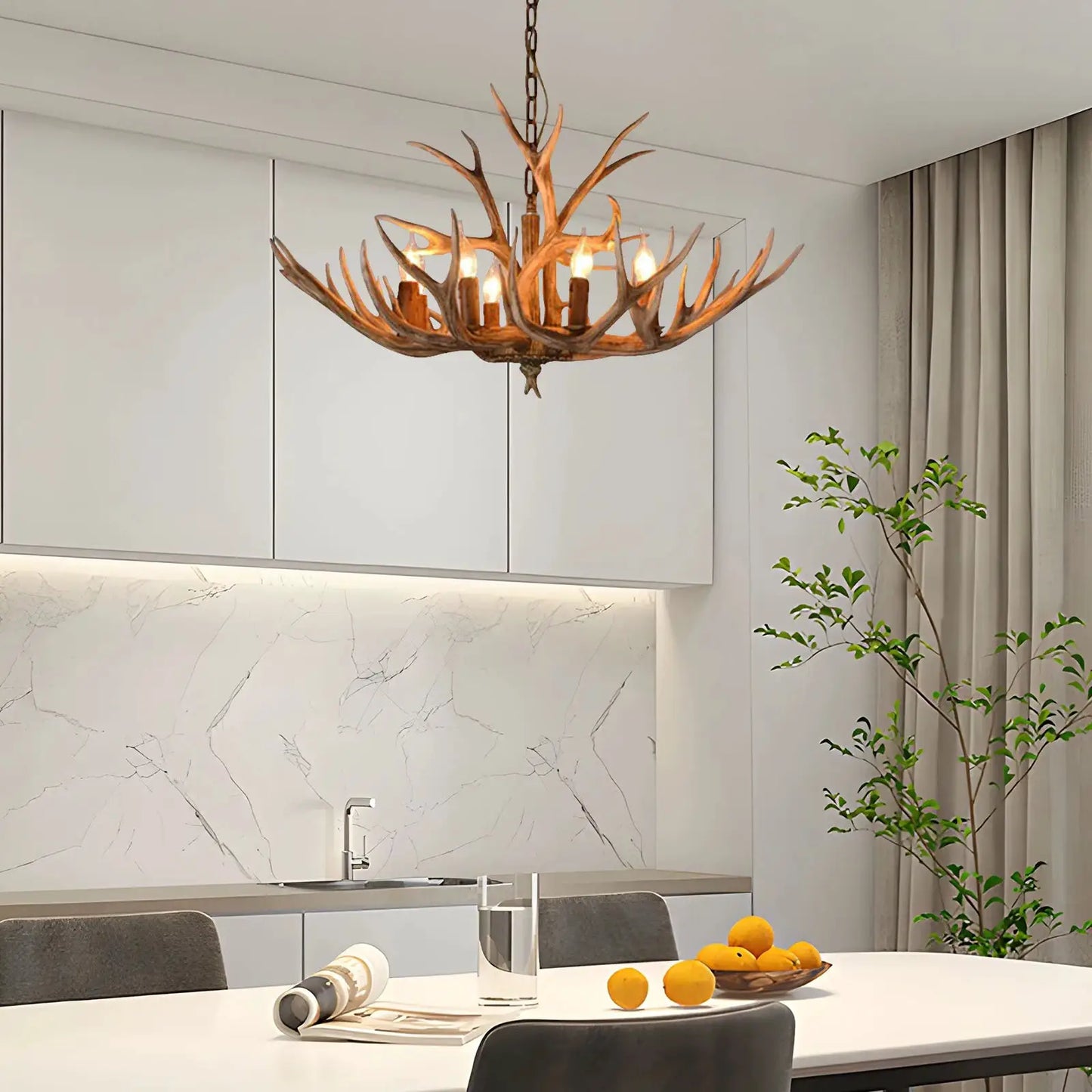 6-Light Antler Chandelier, Rustic Resin and Iron Ceiling Light with 3.28FT Chain, for Living Room Bedroom, E12 Bulb Base (Brown) from PriceLows™
