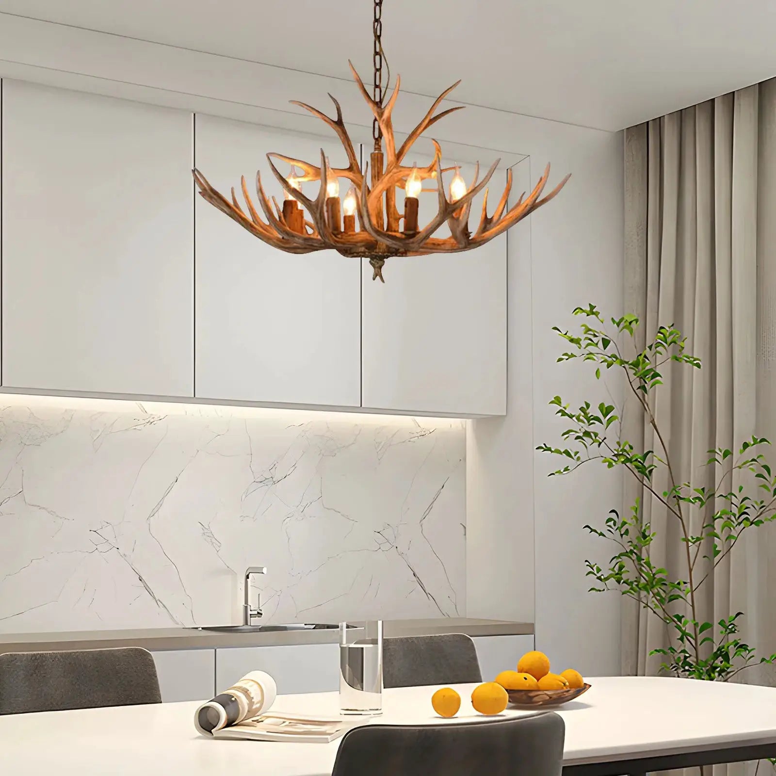 6-Light Antler Chandelier, Rustic Resin and Iron Ceiling Light with 3.28FT Chain, for Living Room Bedroom, E12 Bulb Base (Brown) from PriceLows™