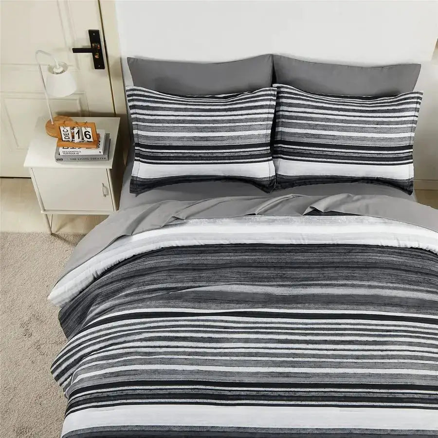 7 Piece Bed in a Bag Stripe Comforter Set Queen Size, White Grey Black Patchwork Striped Comforter and Sheet Set, All Season Sof from PriceLows™