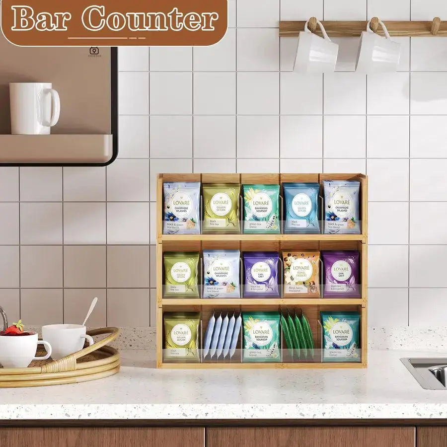 Bamboo Tea Bag Organizer Storage Box, 3 Tier Stackable Tea Bag Box Natural Wood, Wall Mount Tea Chests with Acrylic for tea bags from PriceLows™