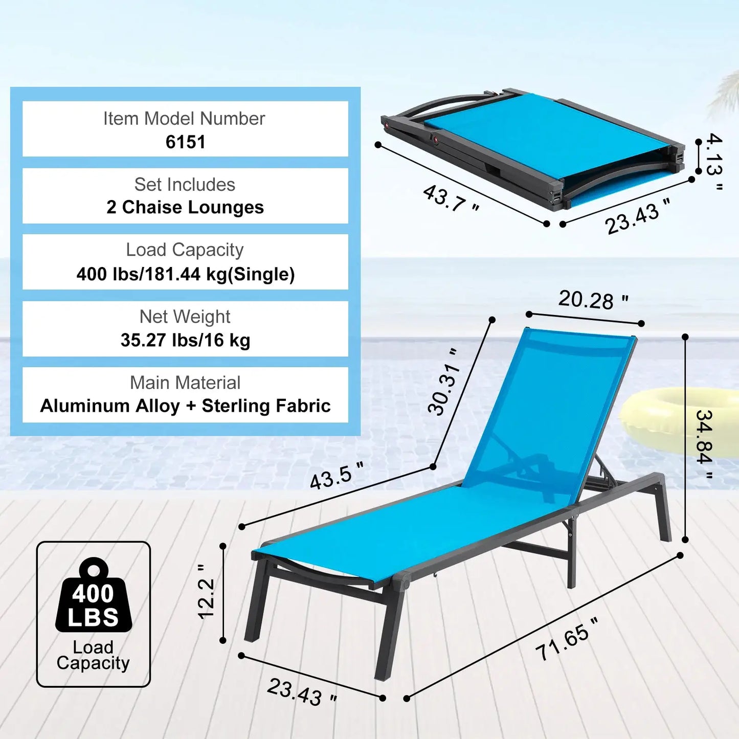 SucceBuy Chaise Lounge Chair Outdoor Aluminum Patio LoungeFolding Pool Lounge Recliner Full Flat for Patio Beach Pool Dark Grey from PriceLows™