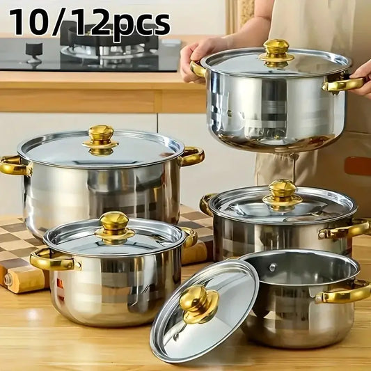 us10/12pcs Stainless Steel Cookware Set - Non-Stick Frying Pan, Stockpot And Milk Pot with Lid - Multi-Functional Kitchen Essentials, No Charging, No Batteries, Oranged from PriceLows™