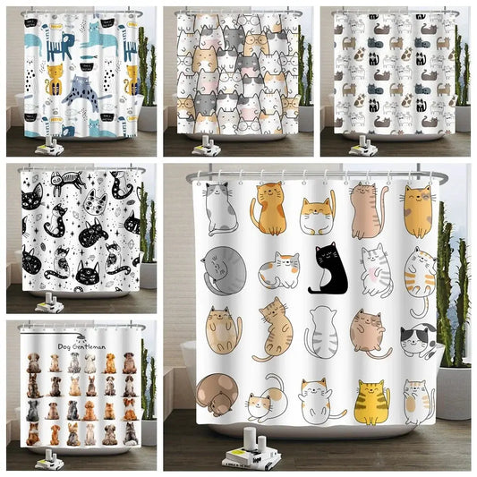 Cartoon Cat Shower Curtain Funny Animal Cute Cat Dog Kids Print Waterproof Bath Bathroom Shower Curtains Decoration with Hooks from PriceLows™