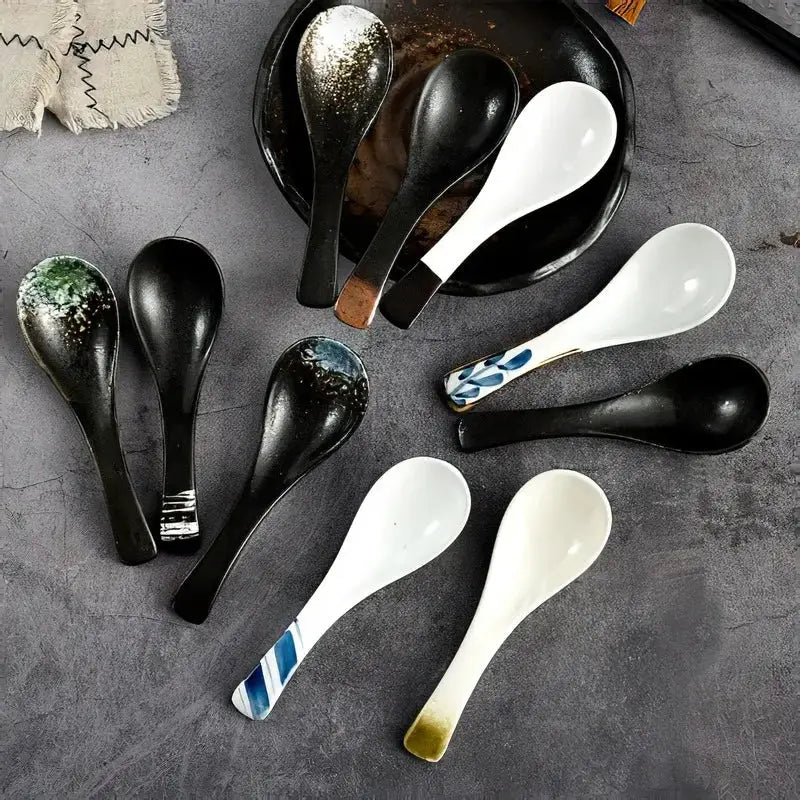 Ceramic Spoon Japanese Retro Bone China Green Black 14.5*4.5cm Rice Scoop Tableware Household Kitchen Supplies Dinnerware from PriceLows™