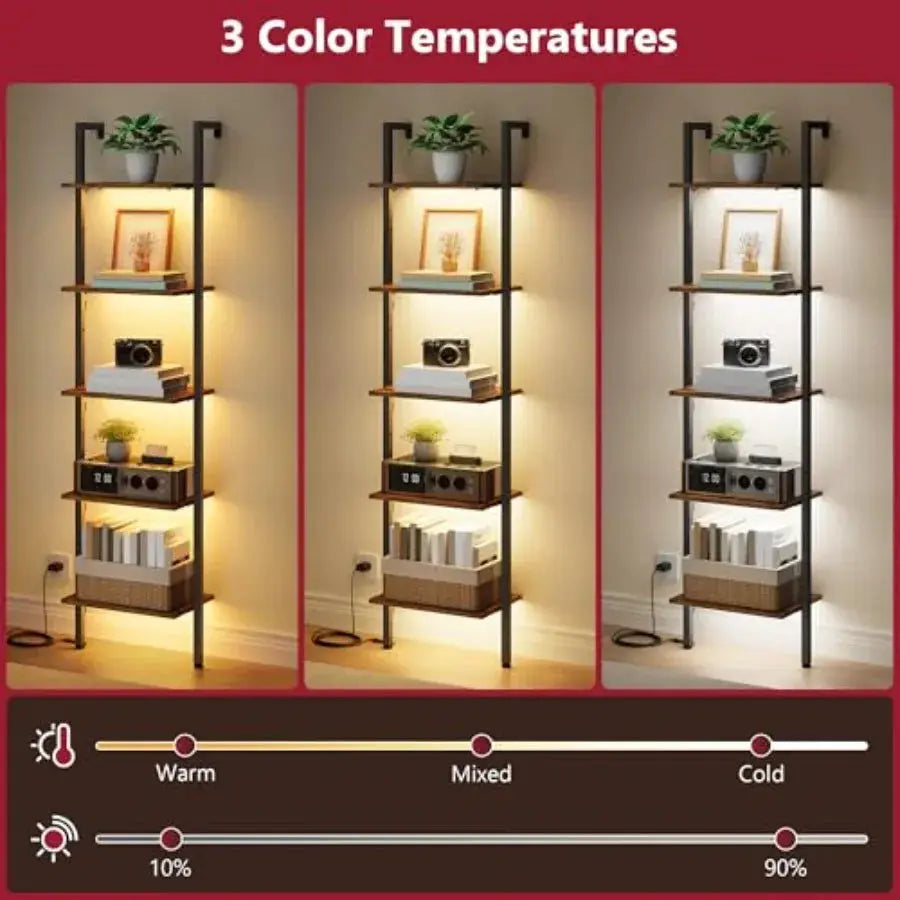 5-Tier Ladder Shelf with LED Light, Wall Mounted Ladder Bookshelf with Metal Frame, Wall Ladder Bookshelf for Living Room, Bedr from PriceLows™