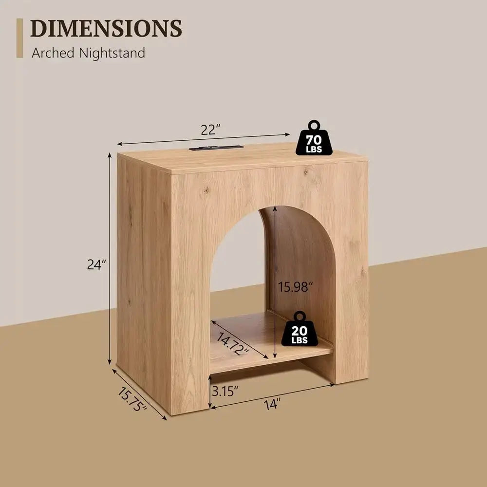 Set of 2 Arched End Tables with 22 Nightstands, Charging Station, USB & Type-C Ports, Natural Finish from PriceLows™