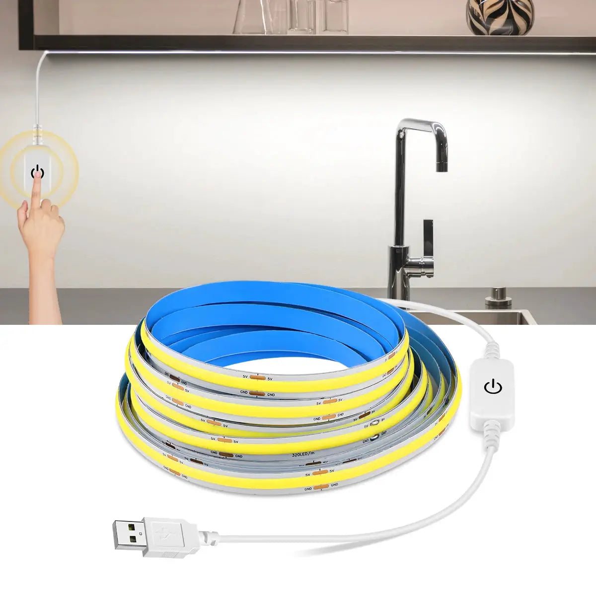 1M-5M USB LED Strip Light 5V 320LEDs/M COB Touch Sensor Dimmable Lamp Tape DIY TV Mirror Backlight Kitchen Room Night Lighting from PriceLows™