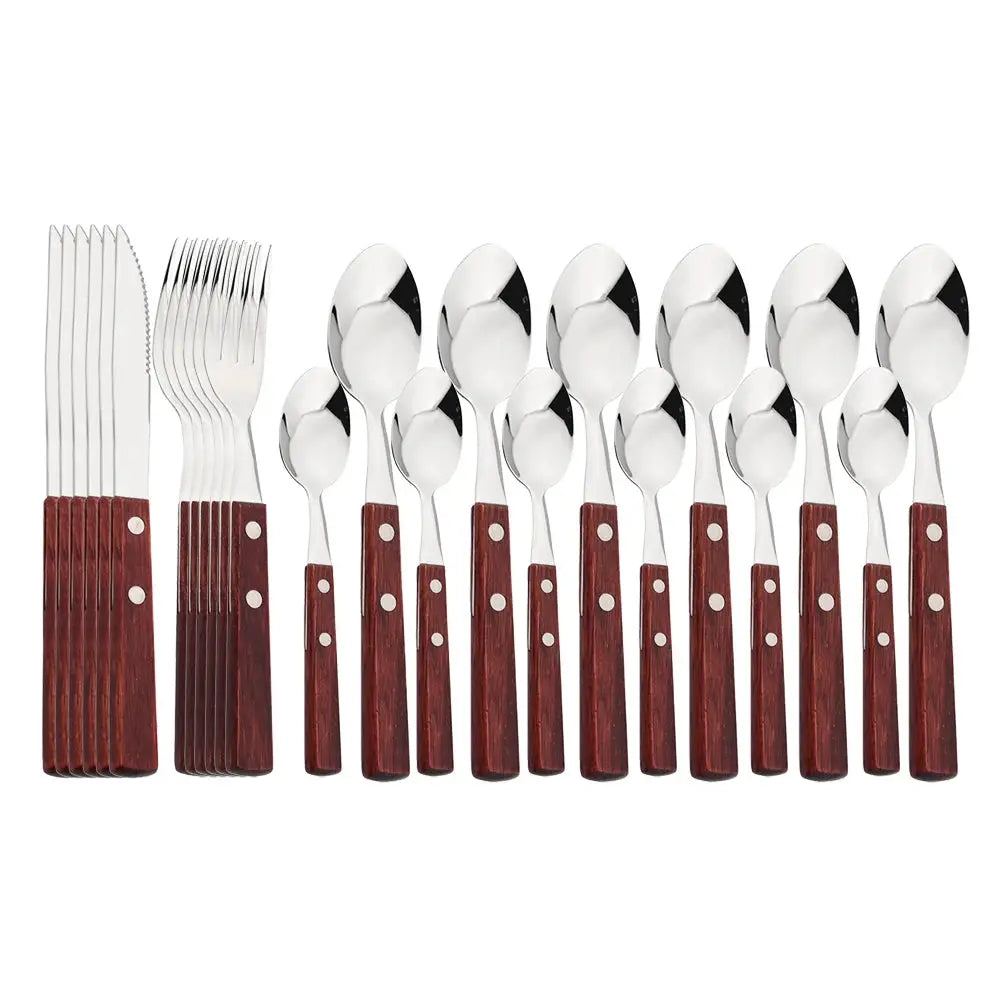 Knife Fork Teaspoon with Wooden Handle 304 Stainless Steel Cutlery Set 6/24Pcs Tableware Mirror Dinnerware Home Flatware Kitchen from PriceLows™