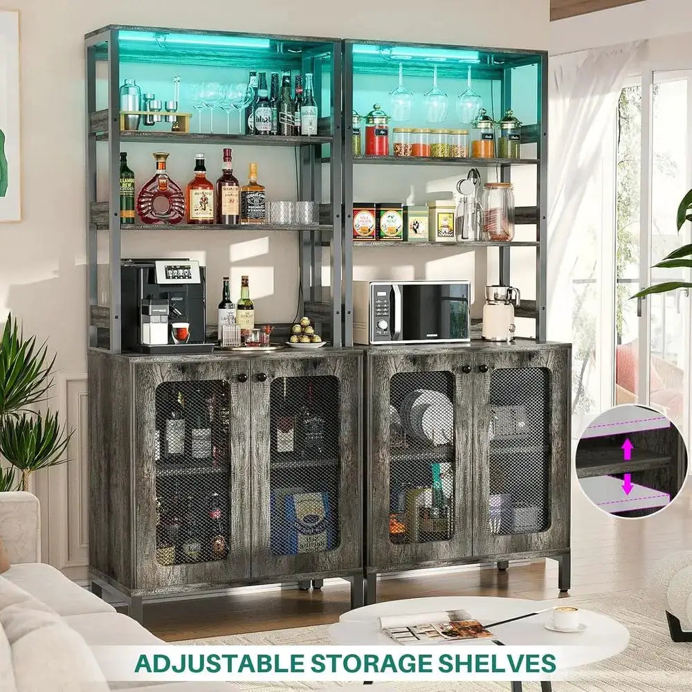 26.9 LED-lit Wine & Liquor Bar Cabinet with Power Outlets and Glass Holders, Black Oak Finish from PriceLows™