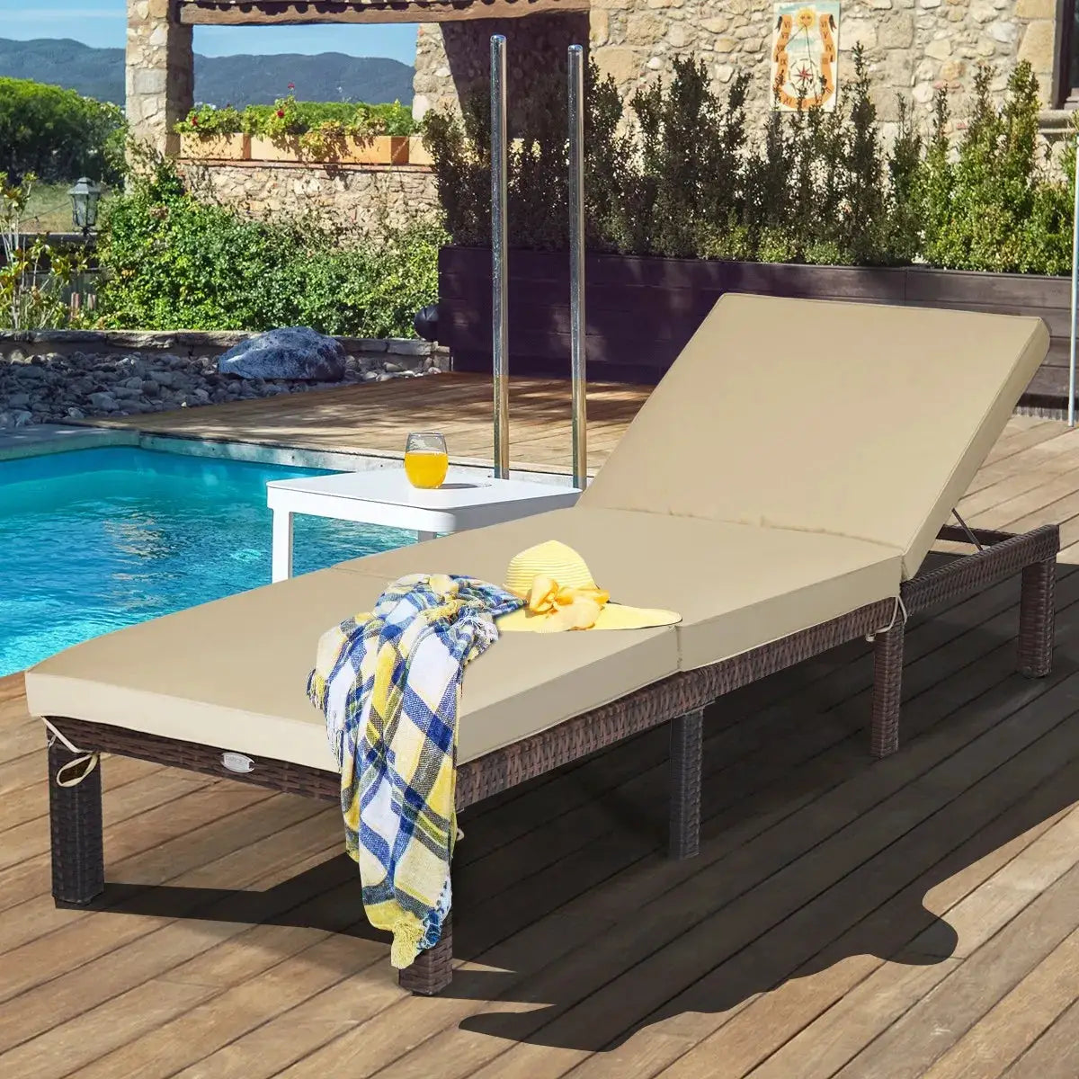Outdoor Rattan Lounge Chair Chaise Recliner Adjustable Cushioned Seat Patio from PriceLows™