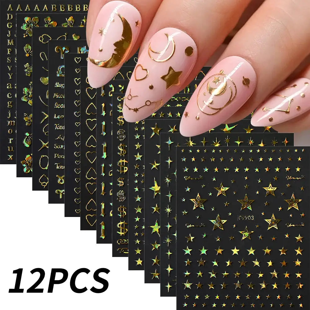 12Pcs 3D Gold Sliver Stars Nail Stickers Bronzing Starlight Nail Art Decals Self Adhesive Slider Decals DIY Nail Tips Decoration from PriceLows™