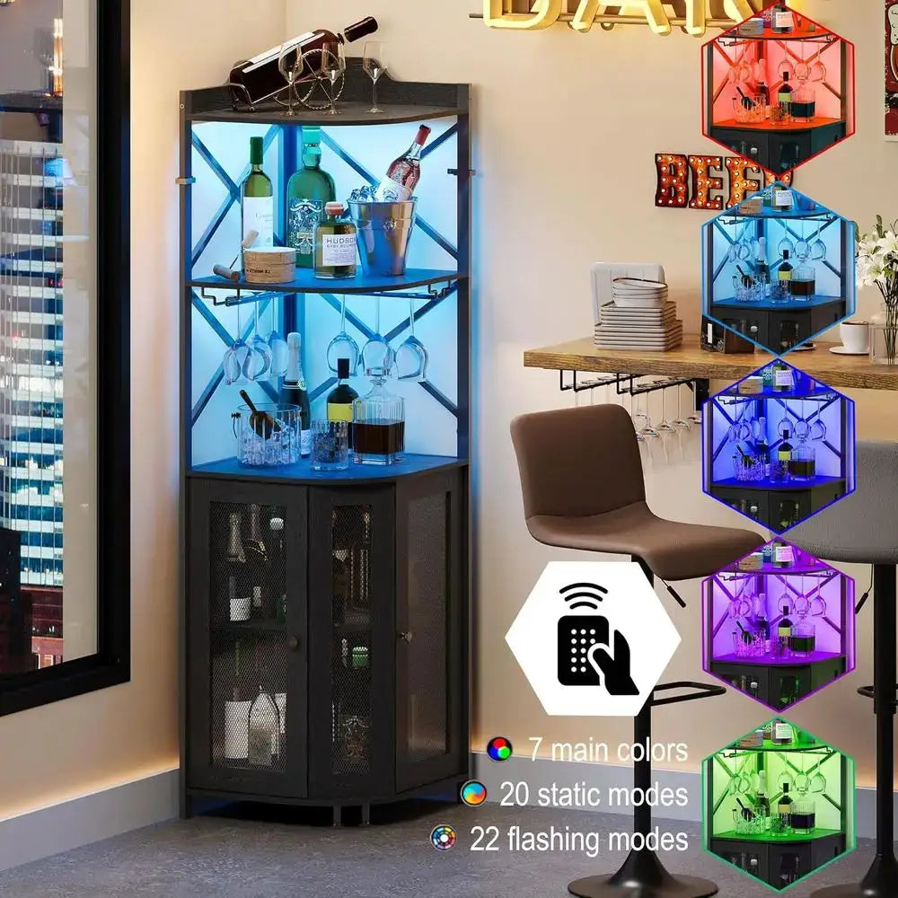 5-Tier LED-Illuminated Industrial Wine Bar Cabinet with Glass Rack and Door, Perfect for Farmhouse and Coffee Bars in Black from PriceLows™