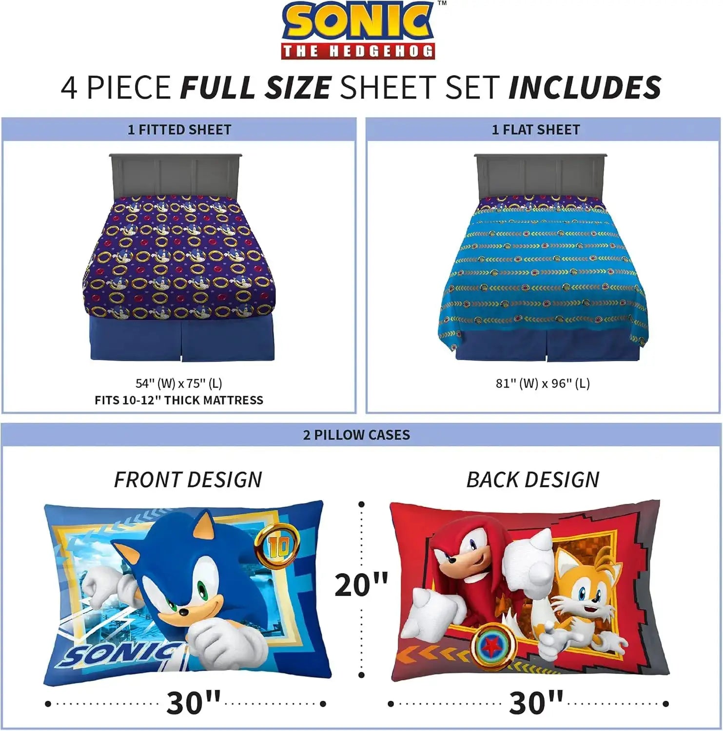 Sonic The Hedgehog Full Sheet Set Super Soft Microfiber Bedding for Kids with Flat Sheet Fitted Sheet and Pillowcases from PriceLows™