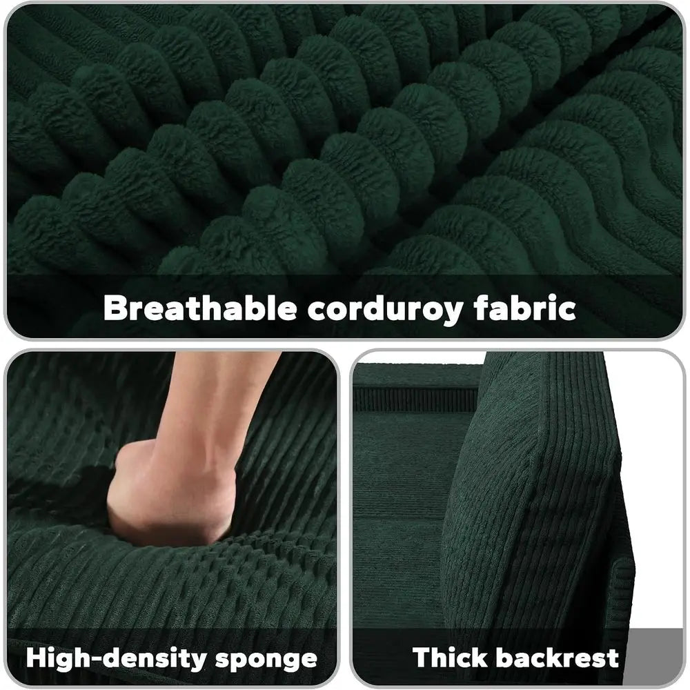 Retro Corduroy Loveseat | Corduroy Fabric | 4 Side Pockets | Green