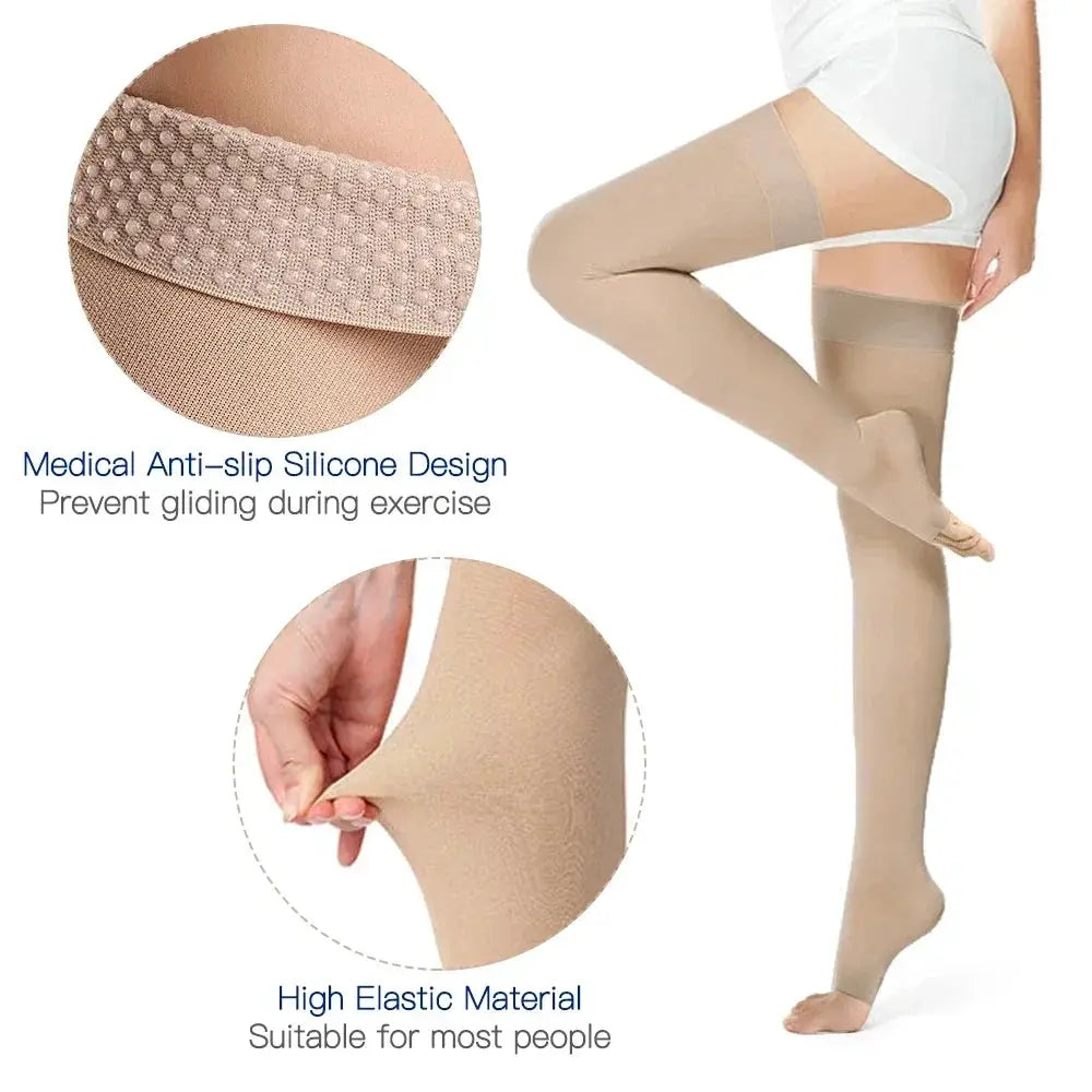 Thigh High Compression Stockings | 20-32 Mmhg | Toeless With Silicone Grip