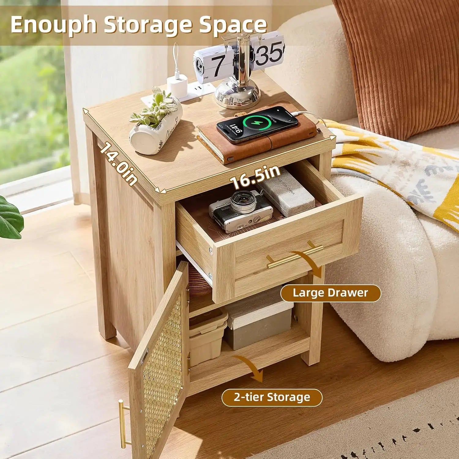 Boho Rattan Nightstand Set of 2 with Type-C Charging Station, Drawer & Adjustable Shelf, Natural Oak from PriceLows™