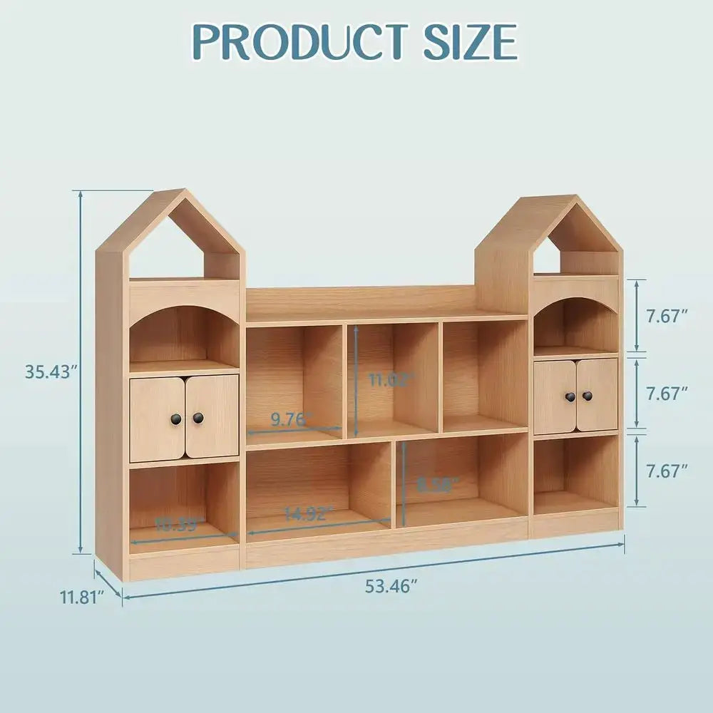 Children's Castle-Shaped Bookcase and Toy Organizer, Oak Finish, Multipurpose Storage for Playroom from PriceLows™