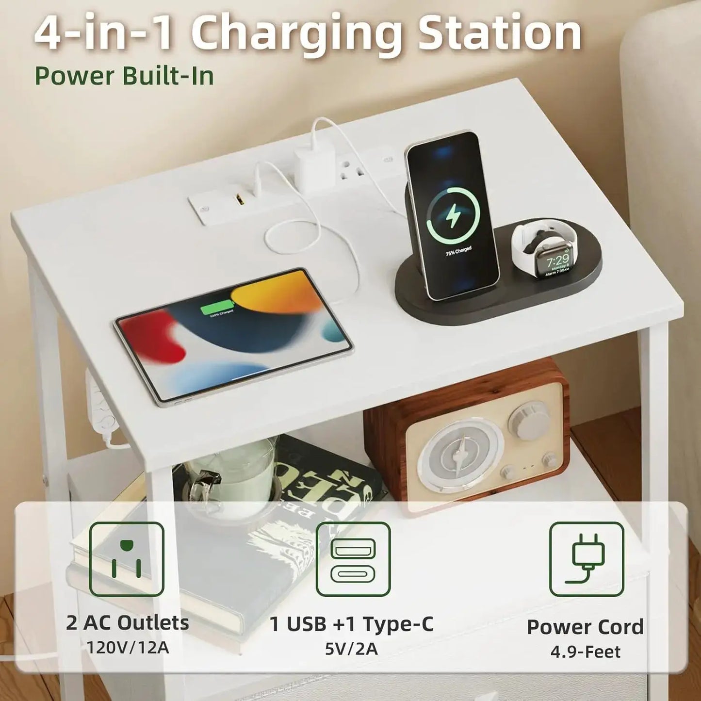 Set of 2 Nightstands with Charging Station, LED Lights, and Fabric Drawers for Bedroom in White Leather from PriceLows™