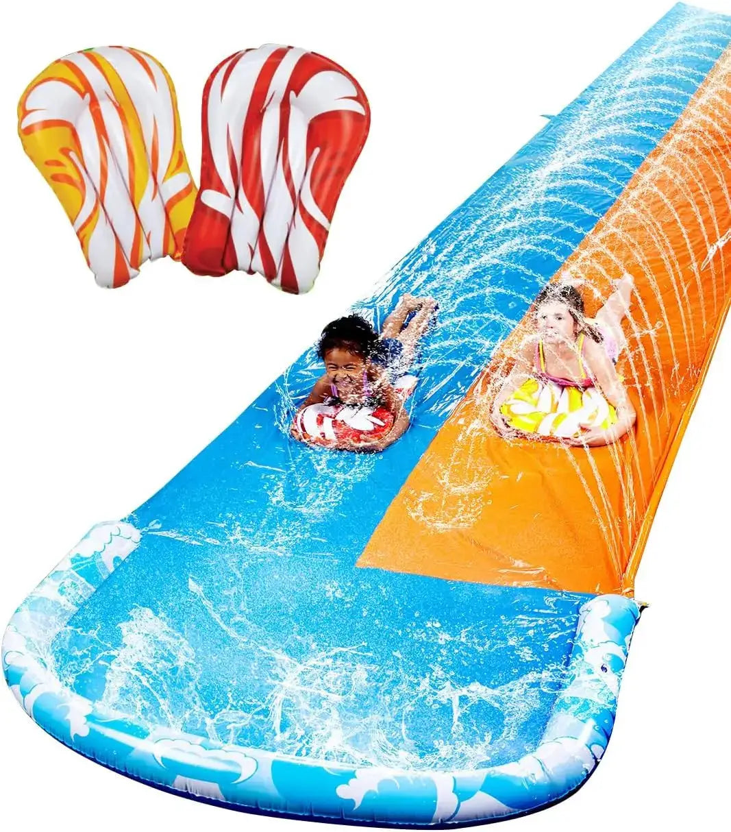 Inflatable Water Slide | 32.5ft Length | Dual Racing Lanes | 2 Boards Included