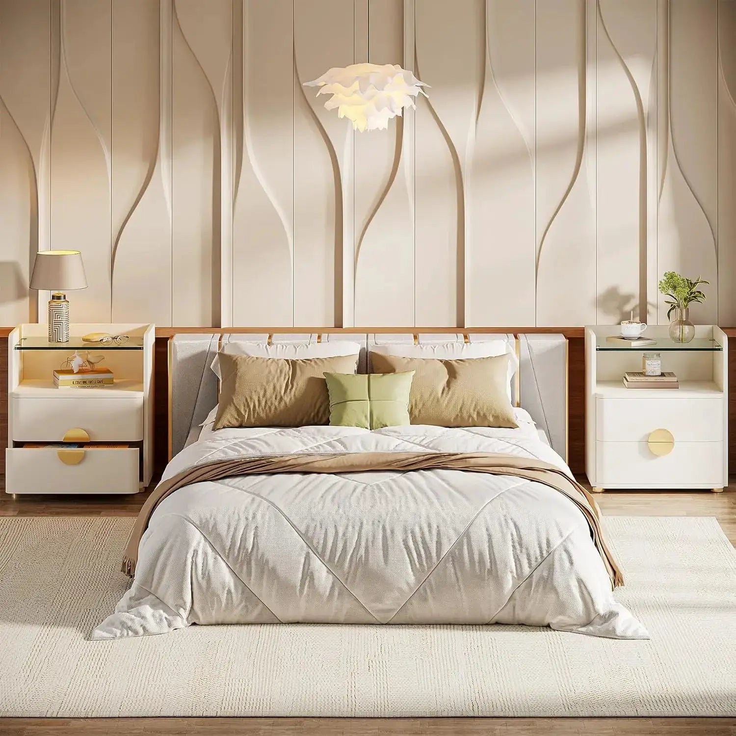 Nightstand with 2 Drawers, Modern Nightstand with Open Storage Shelf, White Bed Side Table for Bedroom, Living Room from PriceLows™