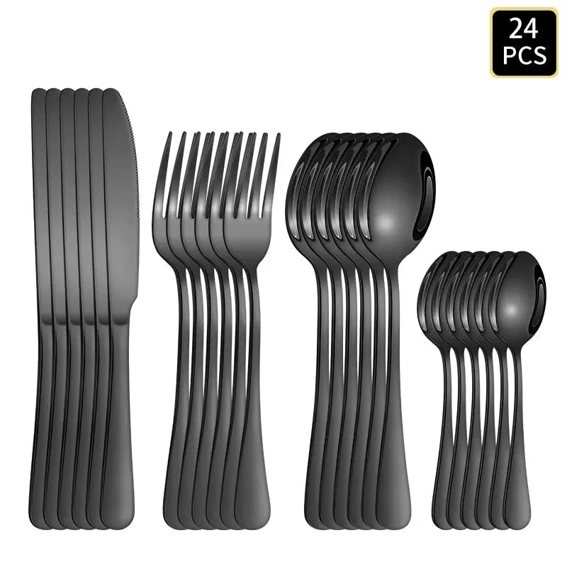 4/6/16/24pcs Black stainless steel cutlery 1010 round handle knife, fork and spoon cutlery set suitable for home and hotel from PriceLows™