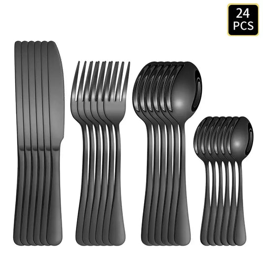 4/6/16/24pcs Black stainless steel cutlery 1010 round handle knife, fork and spoon cutlery set suitable for home and hotel from PriceLows™