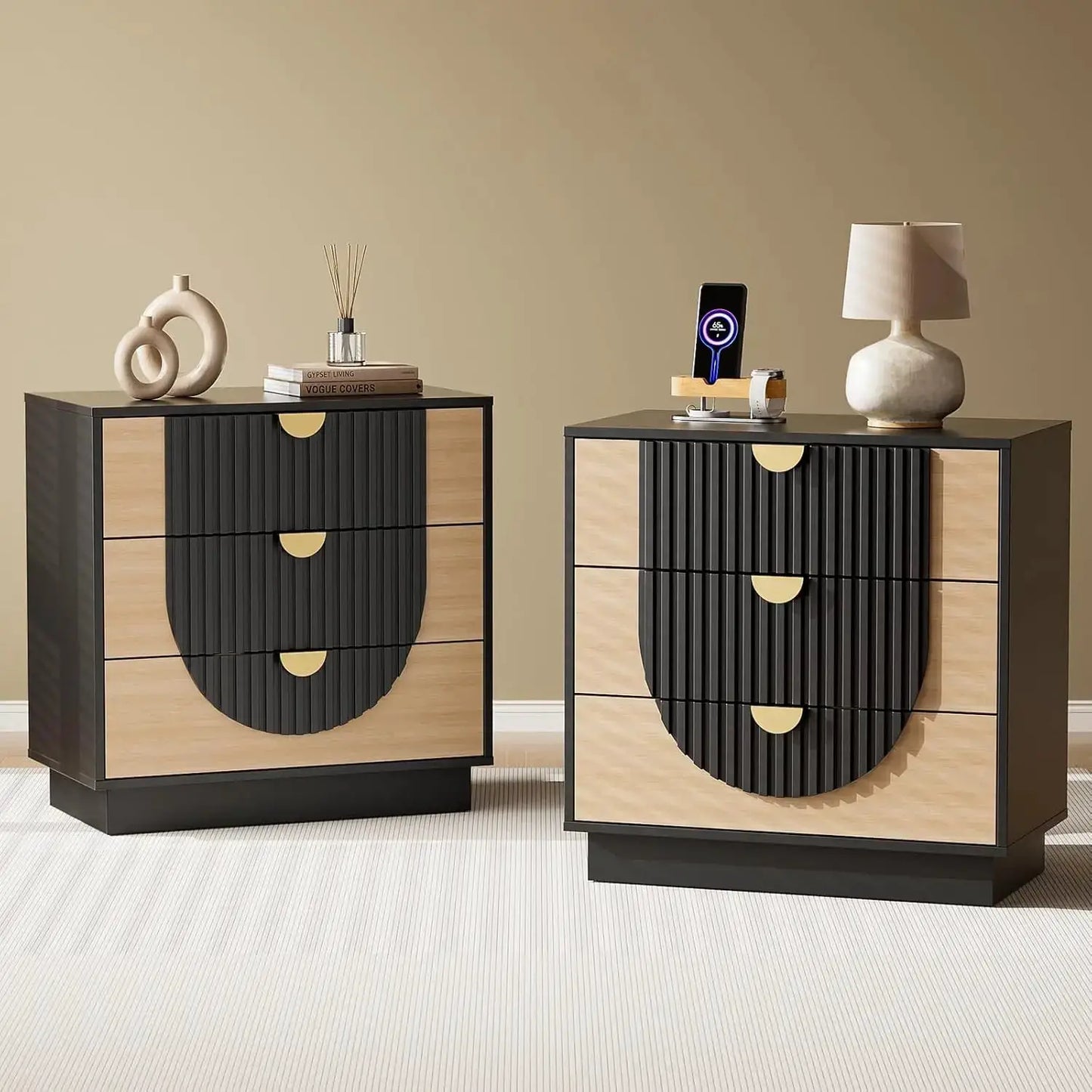 3 Drawer Nightstand with Charging Station, 28" Fluted Night Stand & Modern Bedside Table, Wood End Table Storage Cabinet from PriceLows™