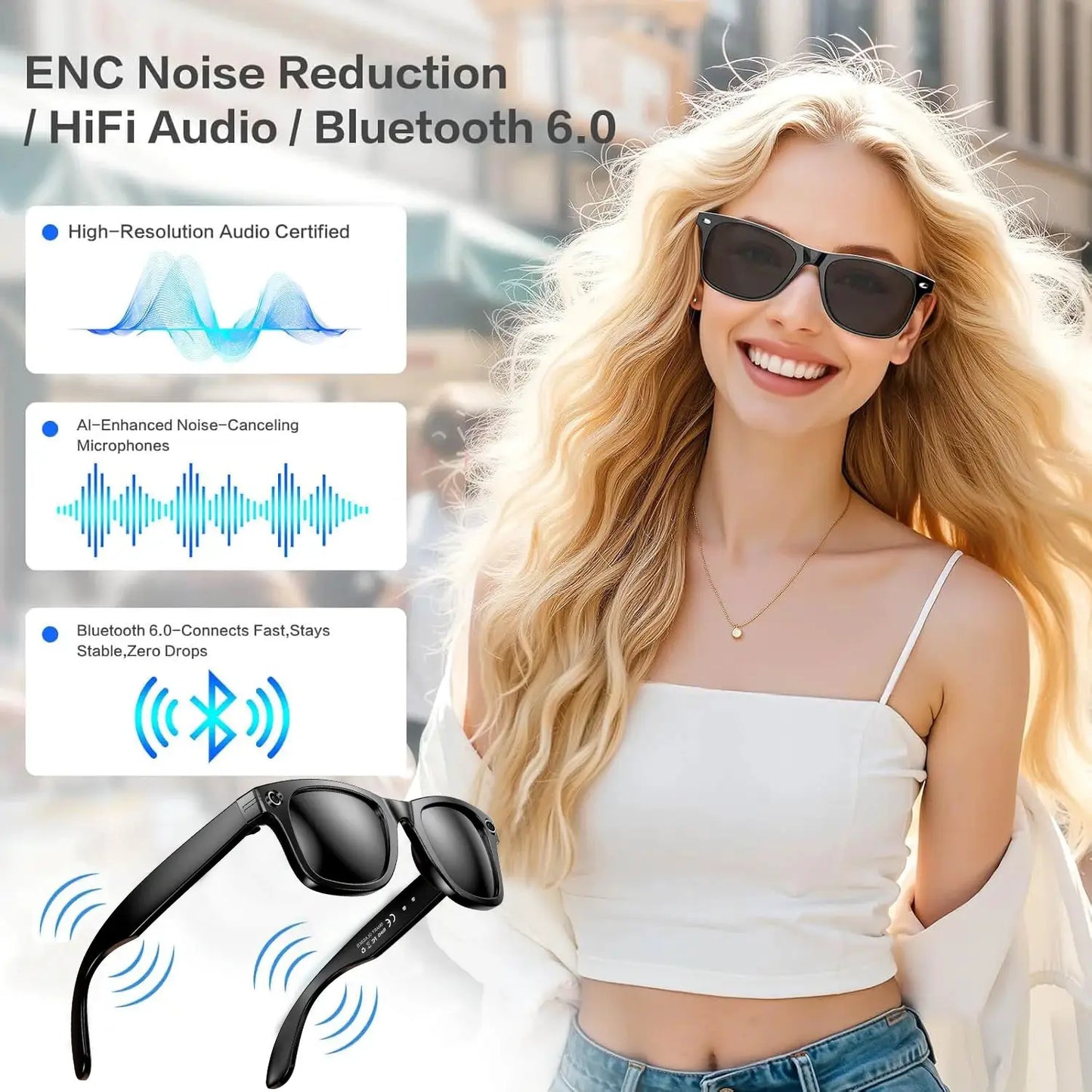 Smart Glasses | AI Translation 720P Dual Cam | Waterproof Bluetooth 5.3 | Men