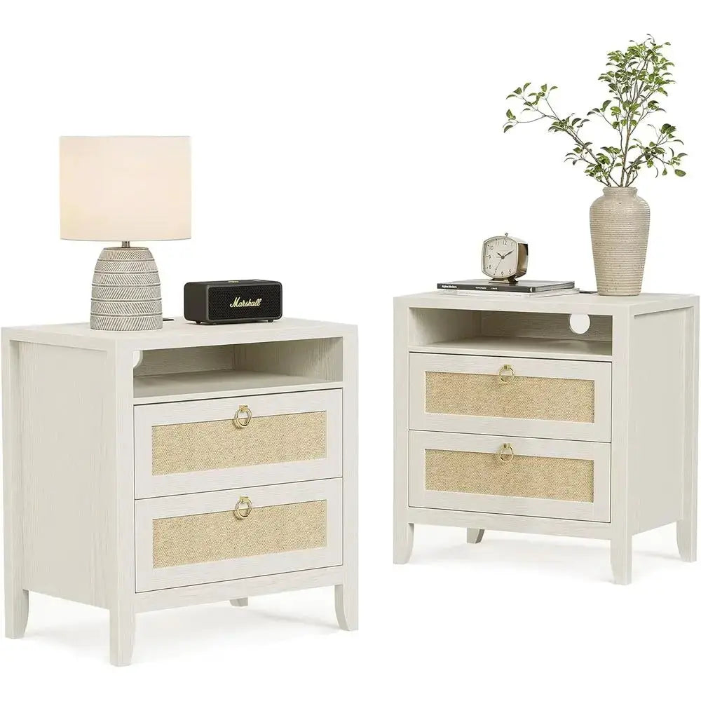 Cream White 2-Piece Rattan Nightstand Set with Charging Stations and Storage for Bedroom from PriceLows™